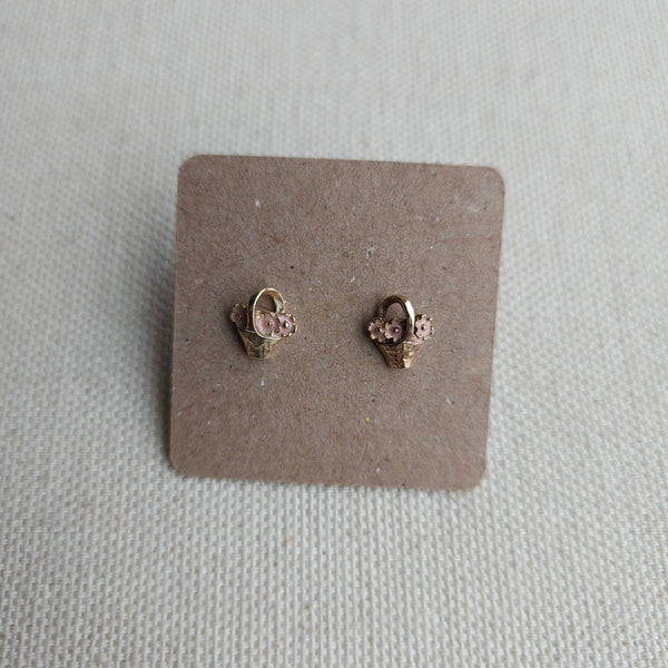 Vintage Avon Gold + Pink Enamel Flower Basket Stud Earrings