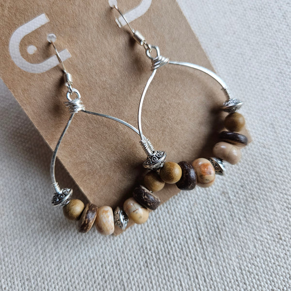 Brown Agate and Coconut Beaded Hoops