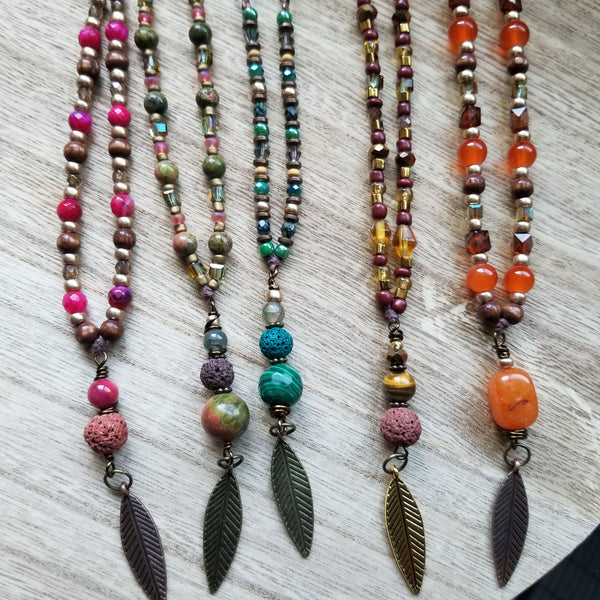 Red Shell Beaded Leaf Necklace