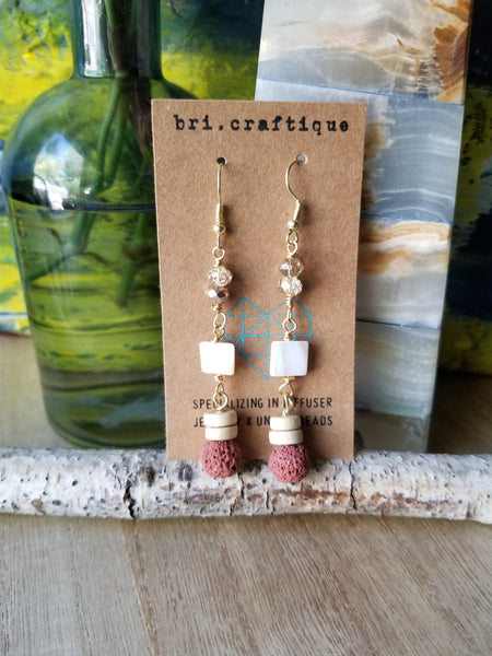 White Shell and Red Lava Dangle Earrings