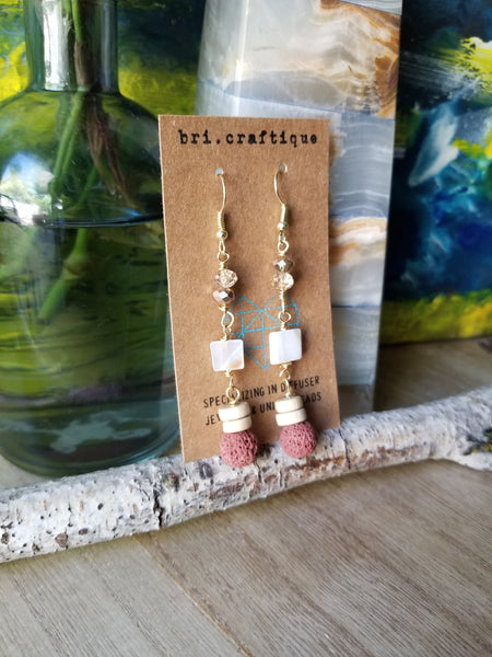 White Shell and Red Lava Dangle Earrings