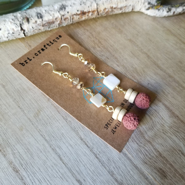 White Shell and Red Lava Dangle Earrings