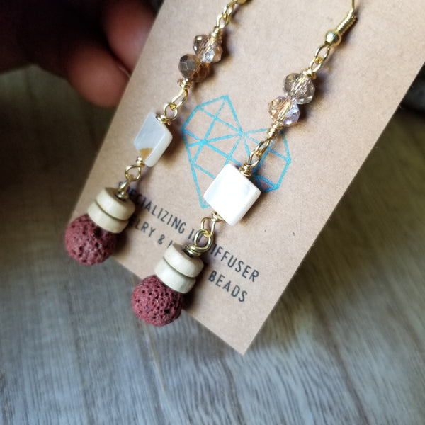White Shell and Red Lava Dangle Earrings