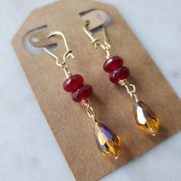 Ruby Red and Golden Topaz Teardrop Earrings