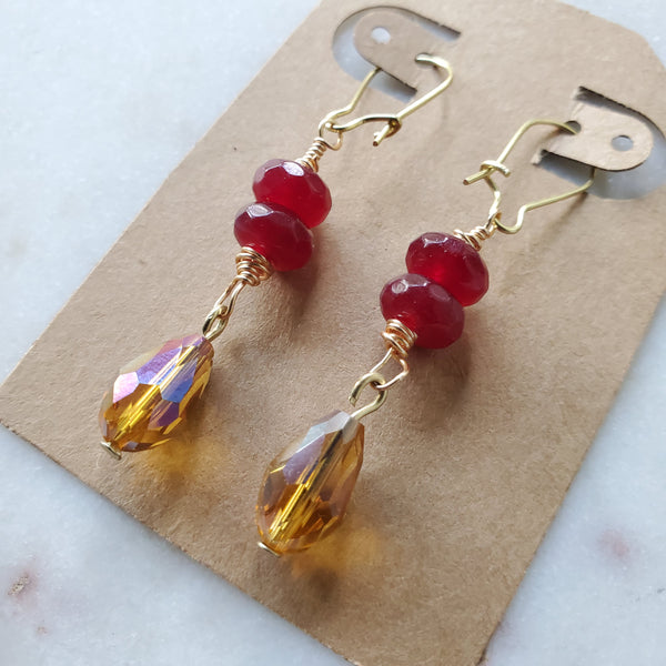 Ruby Red and Golden Topaz Teardrop Earrings