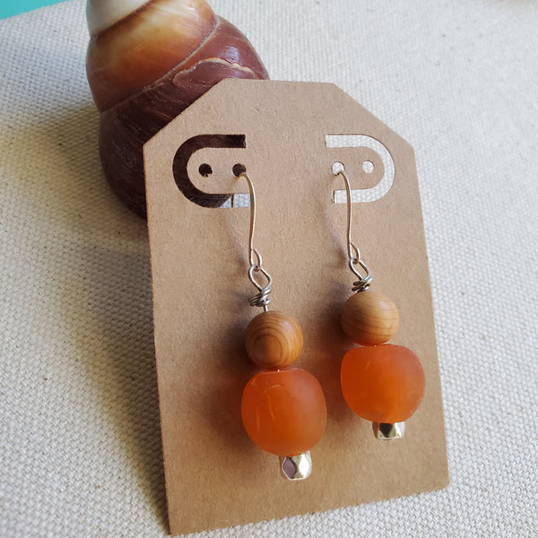Orange Glass and Wood Drop Earrings