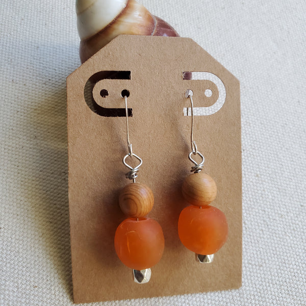 Orange Glass and Wood Drop Earrings