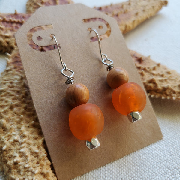 Orange Glass and Wood Drop Earrings