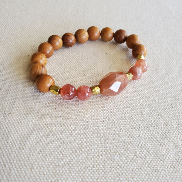 Sunstone and Wood Beaded Bracelet