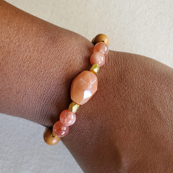 Sunstone and Wood Beaded Bracelet