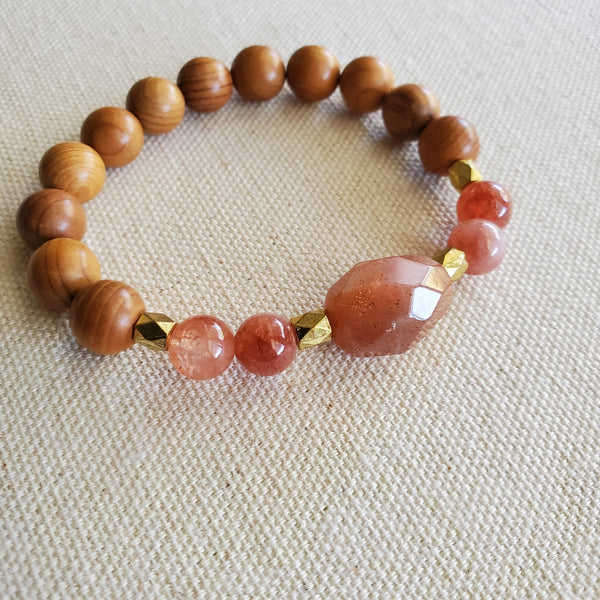 Sunstone and Wood Beaded Bracelet