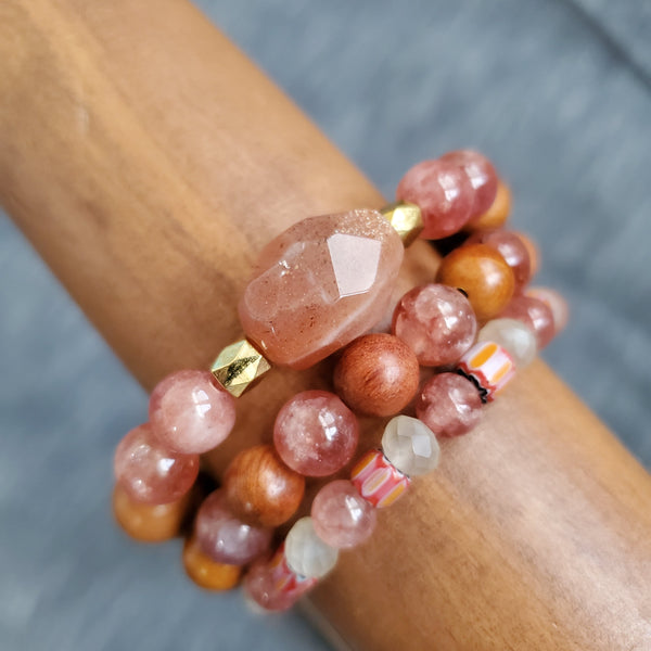 Sunstone and Wood Beaded Bracelet