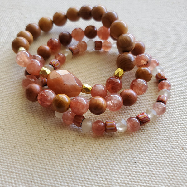 Sunstone and Wood Beaded Bracelet