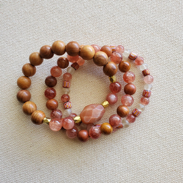Sunstone and Wood Beaded Bracelet