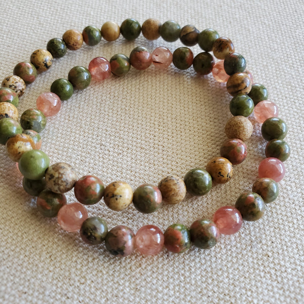 Unakite and Sunstone Beaded Bracelet