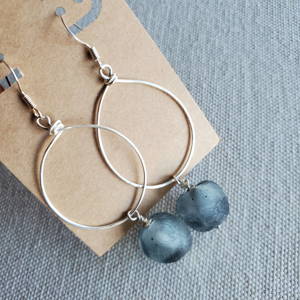 Gray Recycled Glass Hoop Earrings