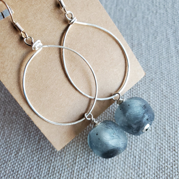 Gray Recycled Glass Hoop Earrings