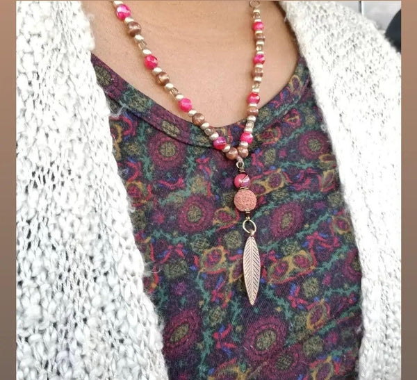 Red Shell Beaded Leaf Necklace
