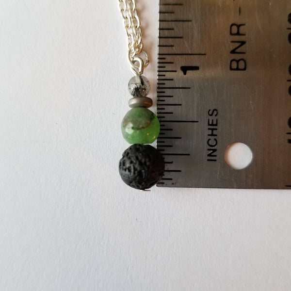 Tourmilated Quartz, Chrysoprase + Lava Bead diffuser necklace
