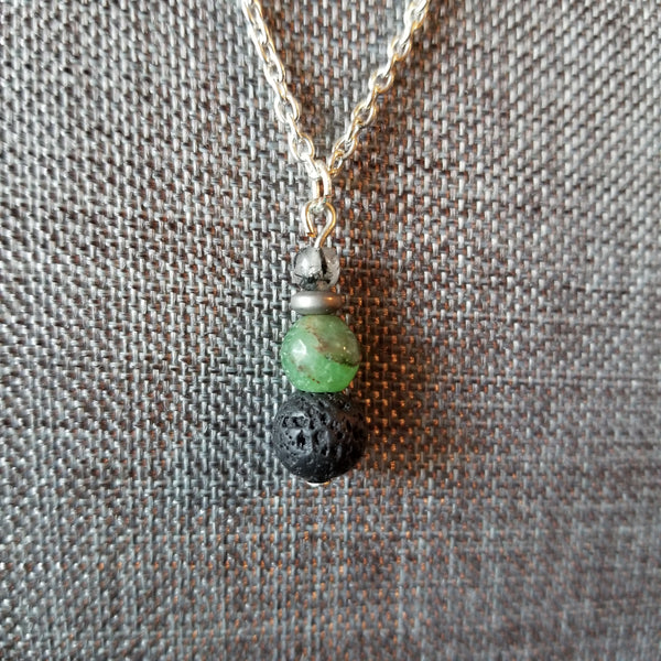 Tourmilated Quartz, Chrysoprase + Lava Bead diffuser necklace