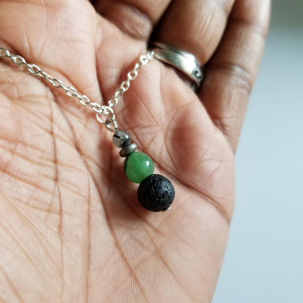 Tourmilated Quartz, Chrysoprase + Lava Bead diffuser necklace