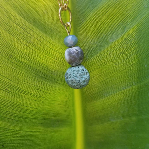Crackled Agate and Sage blue Lava Bead diffuser necklace