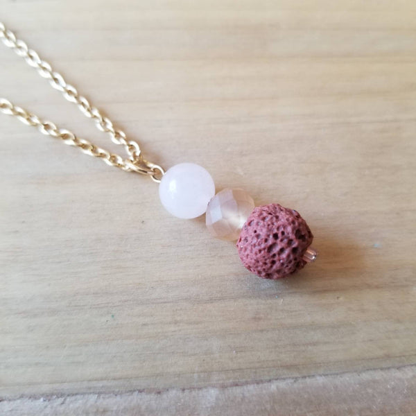 Rose Quartz +  Brown Lava diffuser necklace