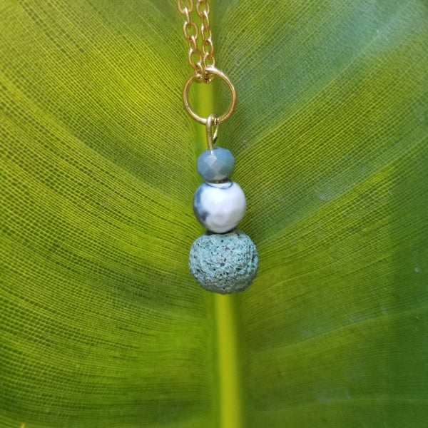 Crackled Agate and Sage blue Lava Bead diffuser necklace