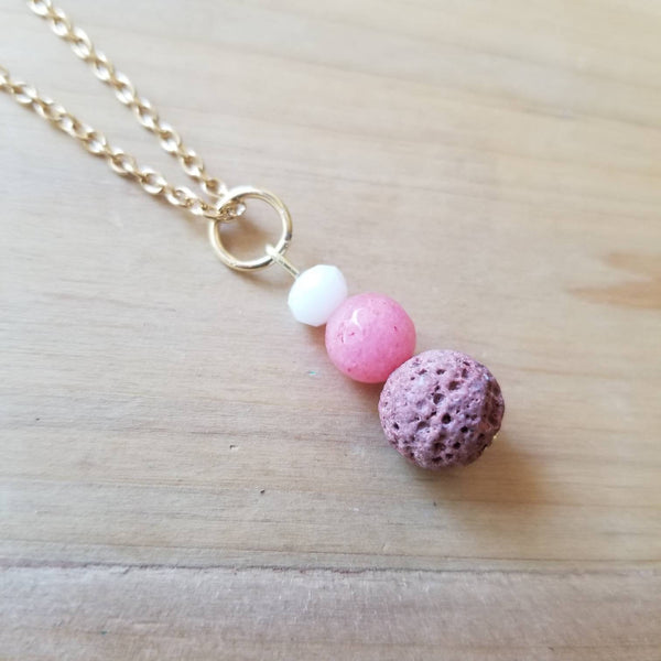 Pink Quartz and Dusty Rose Lava Diffuser Necklace