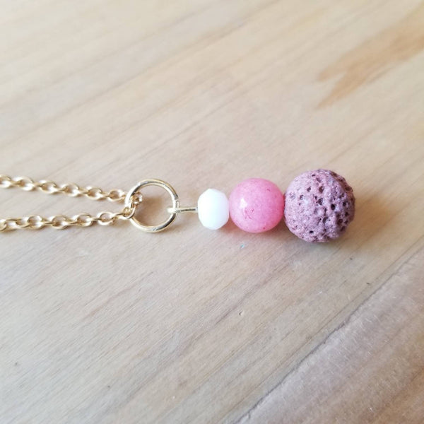 Pink Quartz and Dusty Rose Lava Diffuser Necklace