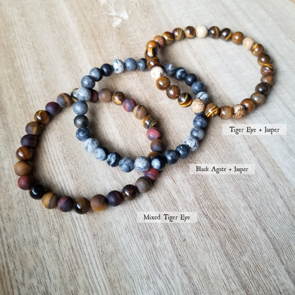 Mixed Tiger Eye, Black Agate and Jasper, Tiger Eye and Jasper Beaded Bracelet