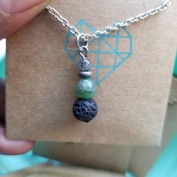 Tourmilated Quartz, Chrysoprase + Lava Bead diffuser necklace