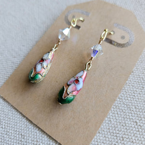Pink Cloisonne & Crystal Dangle Earrings