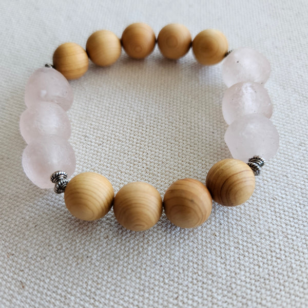 Recycled Pink African Glass and Wood Bracelet