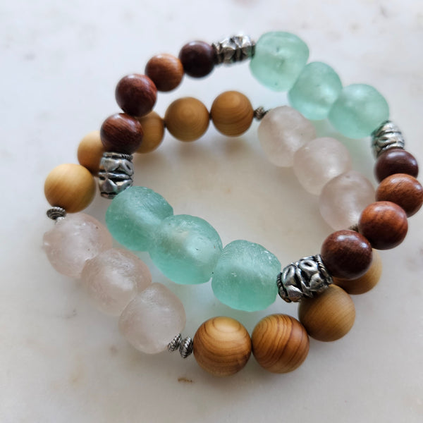 Recycled Green African Glass and Wood Bracelet