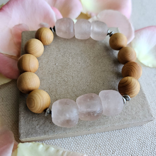 Recycled Pink African Glass and Wood Bracelet