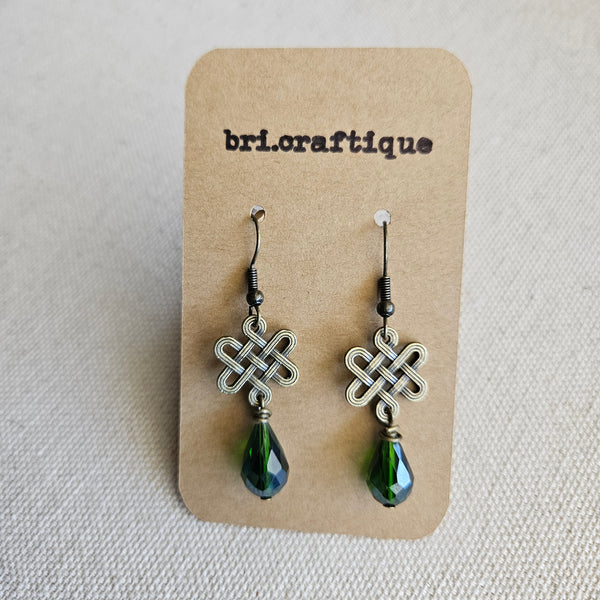 Celtic Knot Green Crystal Teardrop Dangle Earrings