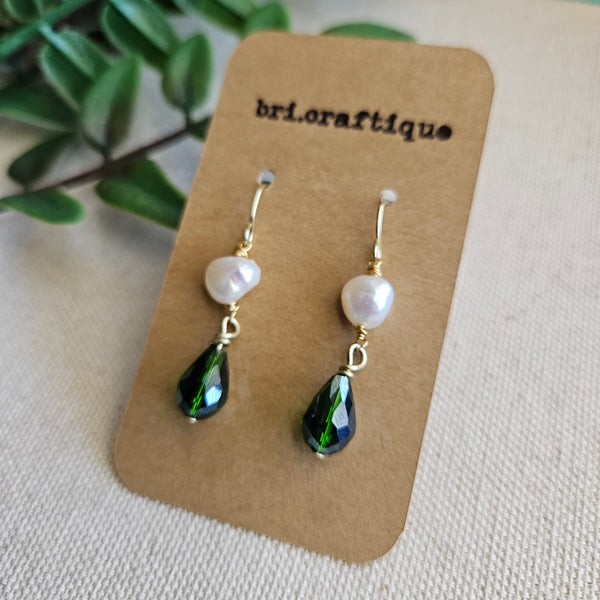 Green Crystal Teardrop and Pearl Dangle Earrings