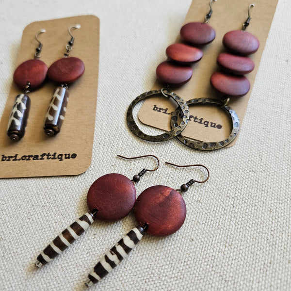 Burgundy Wood and Batik Drop Earrings