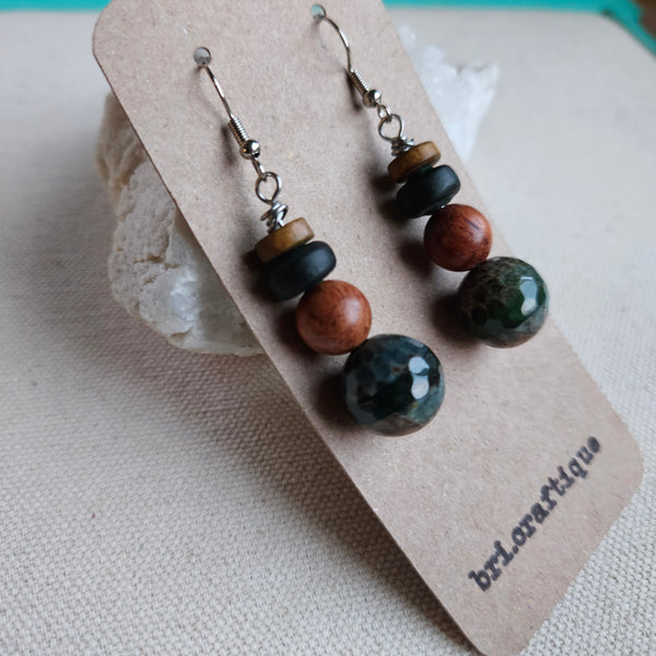 Teal Banded Agate + Wood Dangle Earrings