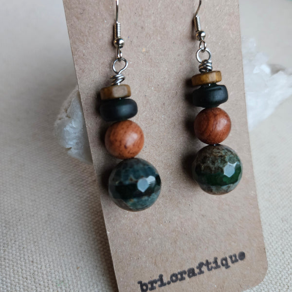 Teal Banded Agate + Wood Dangle Earrings