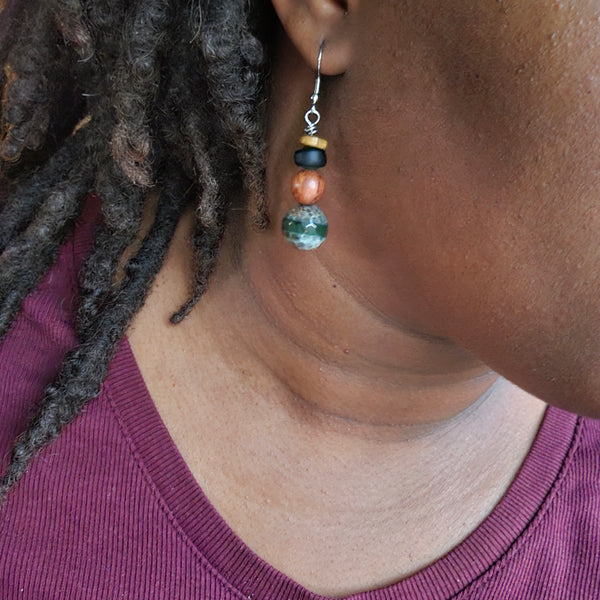 Teal Banded Agate + Wood Dangle Earrings