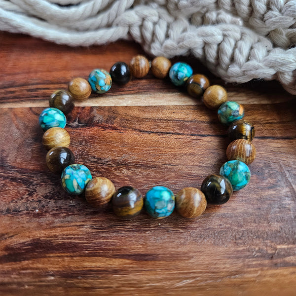 Tiger Eye, Reconstituted Stone and Wood Beaded Bracelet