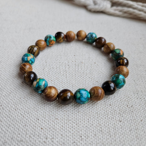 Tiger Eye, Reconstituted Stone and Wood Beaded Bracelet