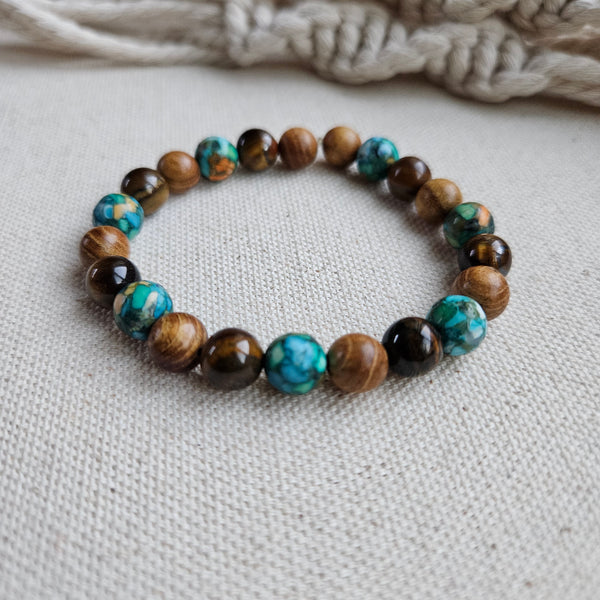 Tiger Eye, Reconstituted Stone and Wood Beaded Bracelet