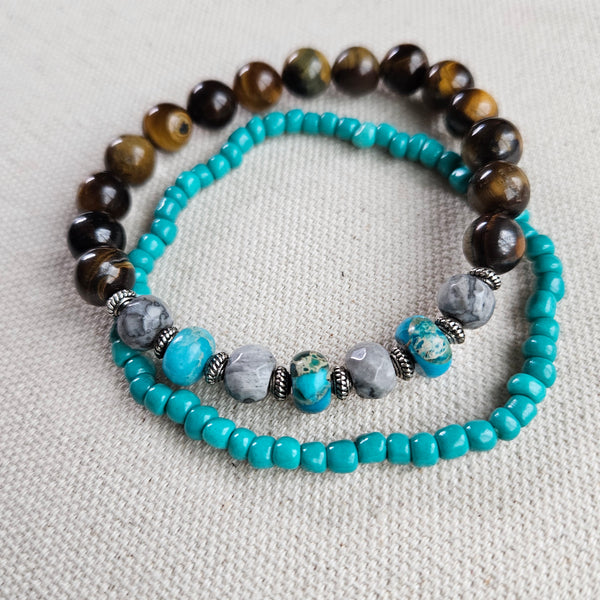 Turquoise Jasper and Tiger Eye Beaded Bracelet