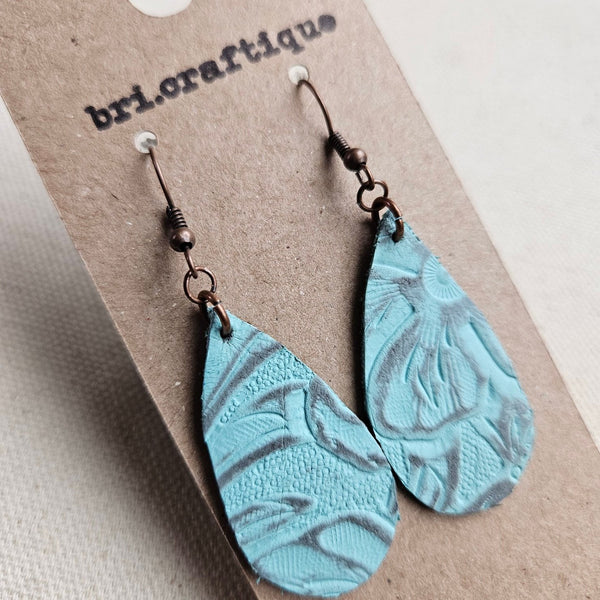 Aqua Blue Leather Teardrop Earrings