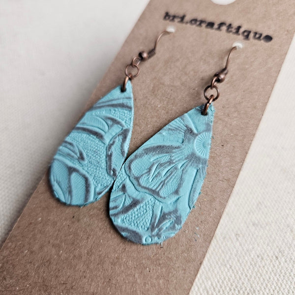 Aqua Blue Leather Teardrop Earrings