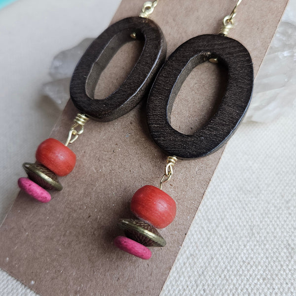 Urban Oval Wood and Red Glass Bead Dangle Earrings