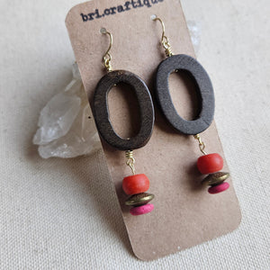 Urban Oval Wood and Red Glass Bead Dangle Earrings